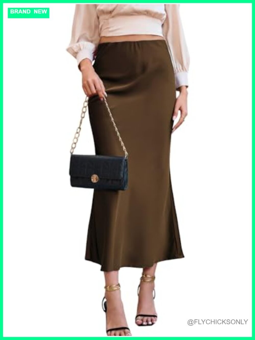 Womens Satin Fishtail Maxi Skirt High Waist Ruffle Flared Hem Elegant